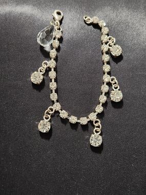 Vintage Silver Tone Rhinestone Charm Bracelet - Teardrop & Round Crystal Dangles